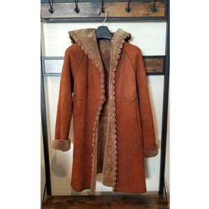 Brown Shearling Real Fur Coat Jacket, Hooded, Size L - Designer Andrew Elissee